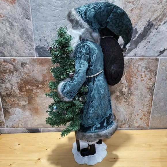 Santa Claus Figurine Ceramic Base Christmas Tree Sack of Gifts Blue Velvet Coat - Picture 10 of 13